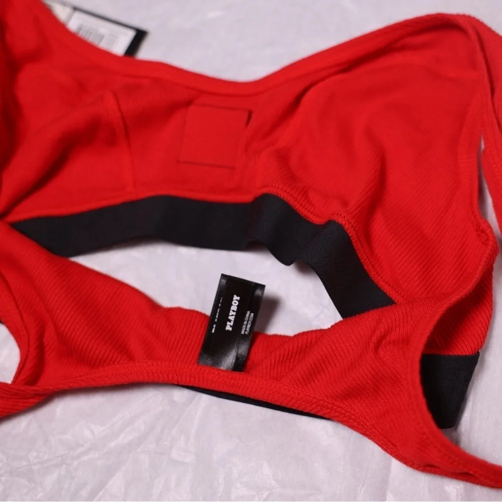 🅽🅴🆆 𝐏𝐋𝐀𝐘𝐁𝐎𝐘 Essentials Rib Scoop Neck Bra, red bralette, size Small